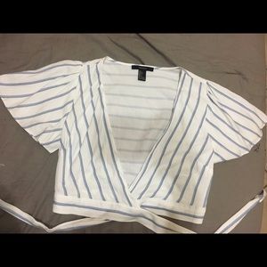 Forever 21 White and Blue Self-Tie Crop Top